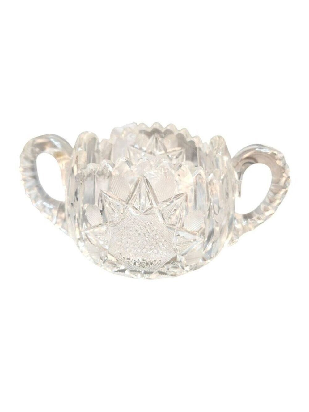 Vintage Lead Crystal Glass Sugar Bowl With Dual Handles Elegant Diamond Point Su